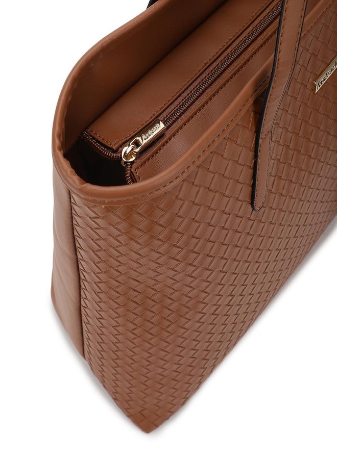 Fastrack Weave Tote | Faux-Leather Women's Tote Bag | Tan totebag with Wallet & Utility Pockets - Image 4